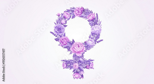Female symbol made of purple flowers and leaves on white background representing feminism and equality