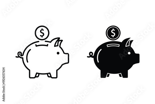 Piggy Bank Icon Set: Money Saving Symbols with Dollar Coin for Financial Planning and Investment