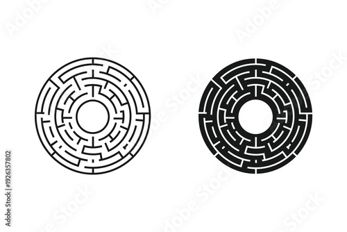 Circular maze icons, labyrinth symbols for challenge, solution, and puzzle