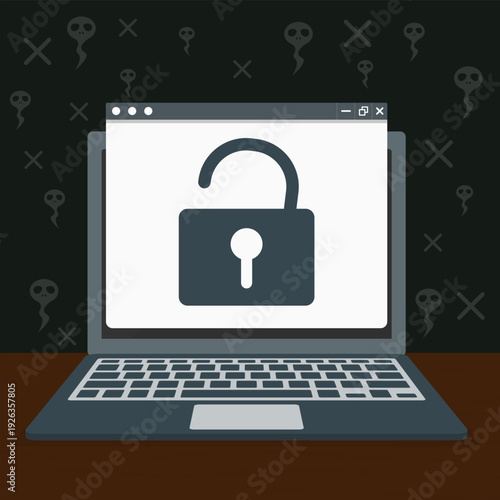 Cybersecurity Vulnerability Open Lock on Laptop Screen