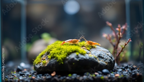 Tiny aquascape setup in a rimless nano tank, showcasing a moss-covered stone and a pair of shrimp, macro shot with bokeh background