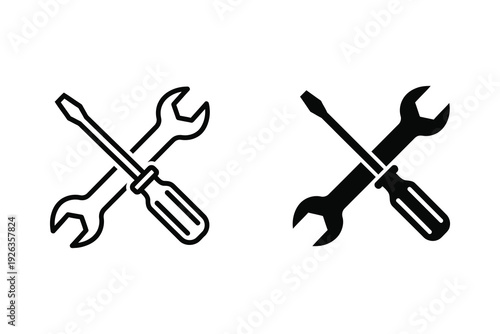 Wrench and Screwdriver Tools Icon: Outline and Solid