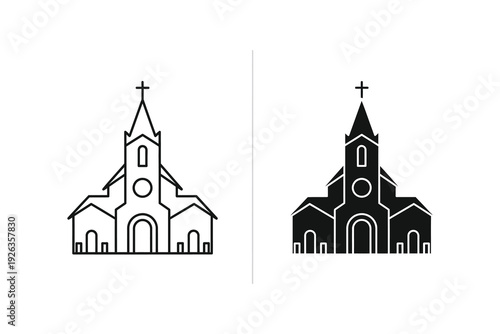 Church building icons, chapel symbols with cross for religion, faith, and worship