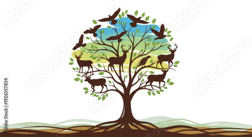 Tree with deer and birds silhouettes eco friendly symbol nature conservation icon environmental awareness illustration
