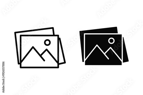 Picture icons, image gallery symbols with mountains and sun for media and photos
