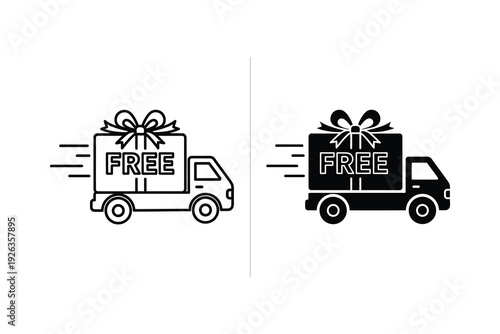 Free Shipping Delivery Truck with Gift Box Icon in Line Art and Solid Styles