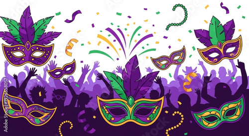Mardi gras masks and confetti celebrate festive party atmosphere with purple green and gold colors