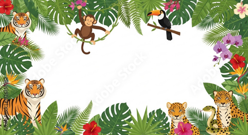 Jungle animals border with monkey tiger leopard toucan and tropical leaves on white background for design and decoration