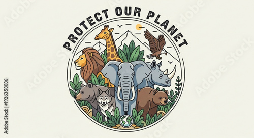 Protect our planet earth conservation wildlife animals logo illustration