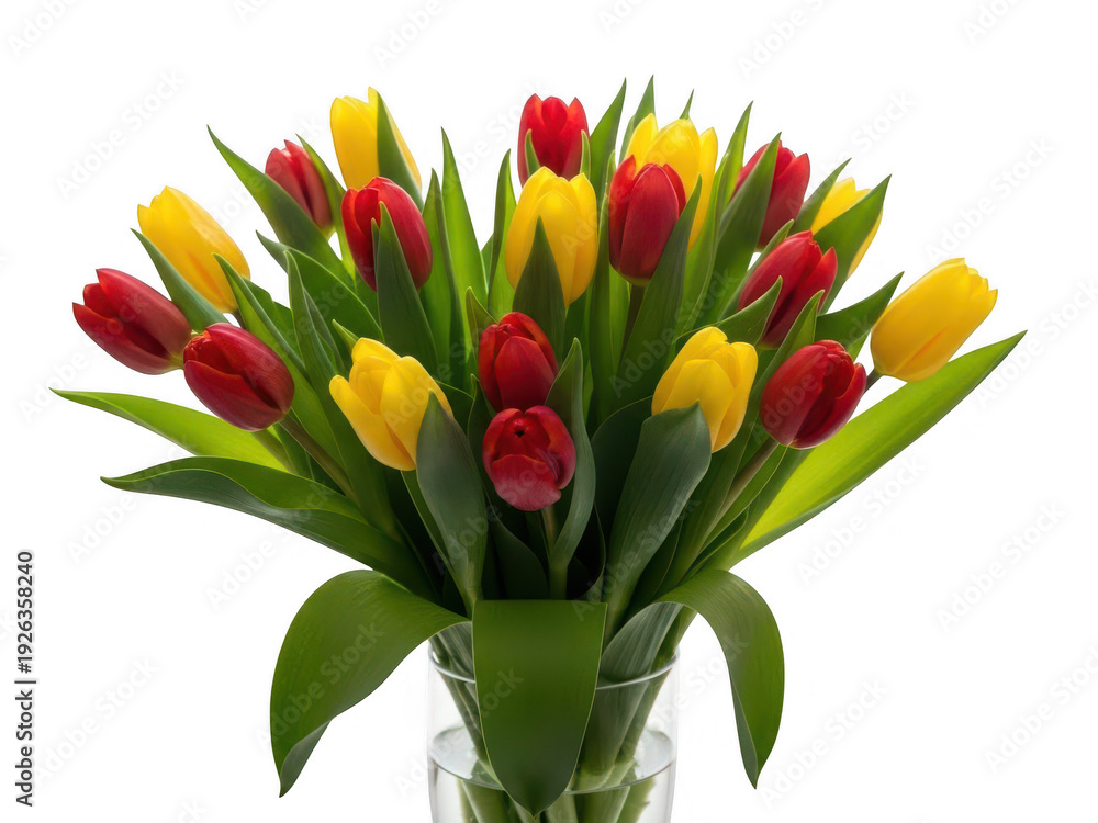 Obraz premium Vibrant tulip bouquet in vase isolated on transparent background