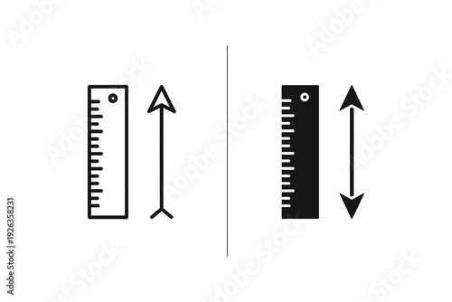 Measurement Icons: Ruler and Double-Ended Arrow in Outline and Silhouette