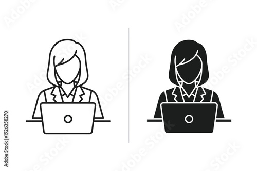 Businesswoman Working on Laptop Icons: Outline and Silhouette