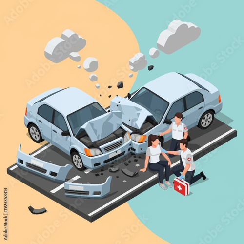 Isometric illustration of a car accident scene with damaged vehicles and people assessing the damage.