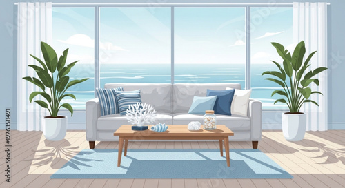 Coastal living room interior with ocean view white sofa wooden coffee table and potted plants on blue rug near large window