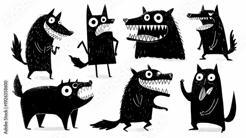 Collection of funny cartoon wolf monster character illustrations in various poses and expressions