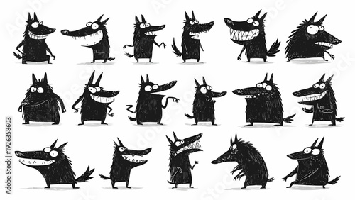 Collection of funny cartoon wolf monster characters in various poses and expressions, illustrated in a playful style