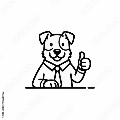 Smiling dog mascot wearing a collared shirt and tie gives a clear thumbs-up gesture of approval and success against a white background.