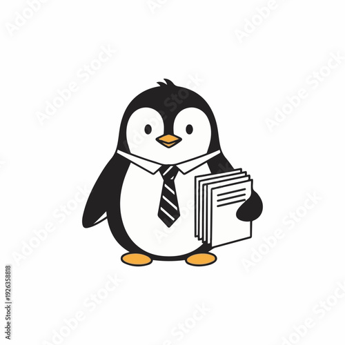 Small penguin employee wearing a striped tie holds a stack of important white documents or paperwork close to its body while standing alone.
