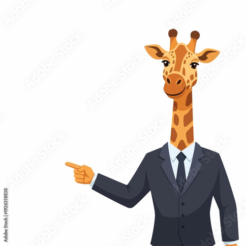 Businessman giraffe character in a dark suit points to the side with an extended hand, suggesting a direction or important information for.