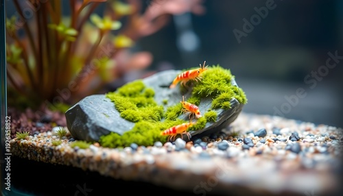 Tiny aquascape setup in a rimless nano tank, showcasing a moss-covered stone and a pair of shrimp, macro shot with bokeh background 2