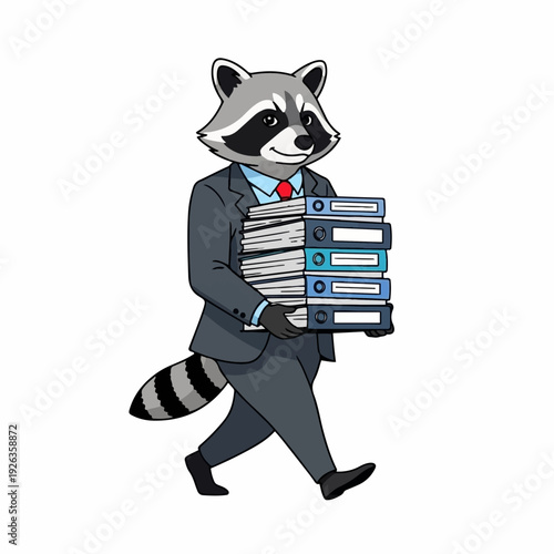Raccoon professional wearing a dark gray suit carries a large stack of important binders and paperwork diligently.