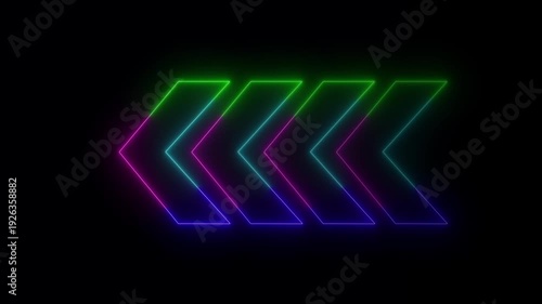 abstract Neon light sign Arrows Animation of magenta color light signal spreading with a black background. Glowing Neon Five Arrow Instruction Pointer. Alpha Channel Vivid Pictogram.