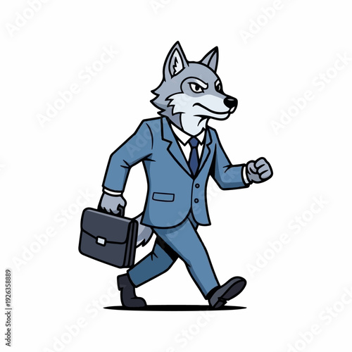 Aggressive wolf businessman in a blue suit confidently strides forward while clutching a black leather briefcase firmly.