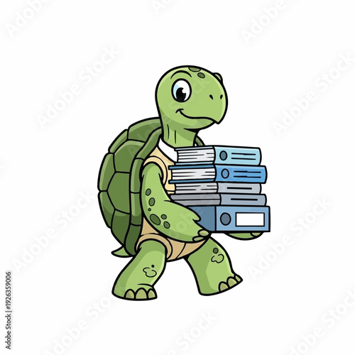 Cartoon turtle mascot wearing a shirt carries a heavy stack of blue office binders against a white background for documentation concepts.