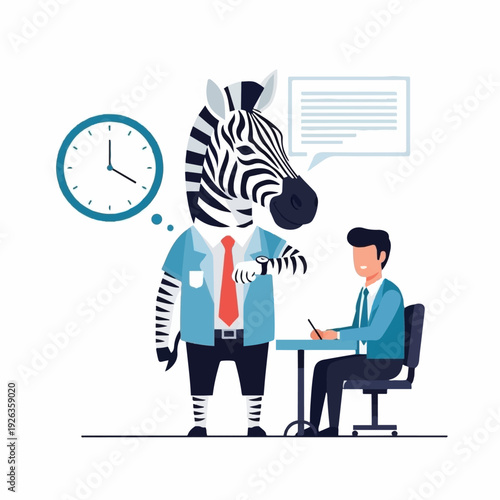Zebra boss checking wristwatch while a human employee sits waiting for an interview or performance review appointment.