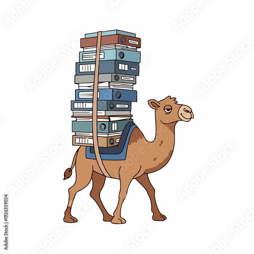 Camel character patiently carries an extremely tall stack of heavy office binders tied securely to its back across a white background.
