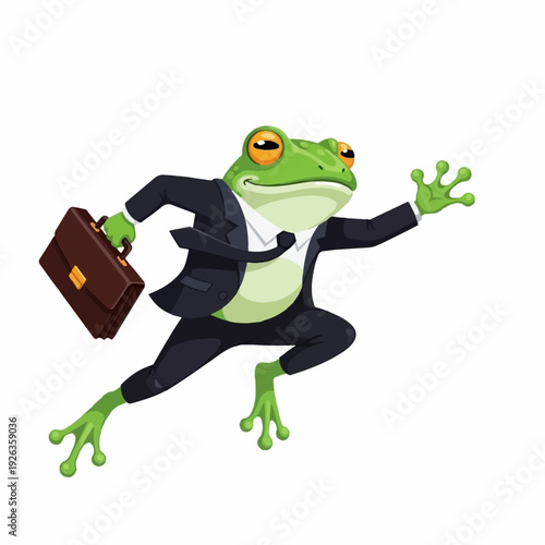 Amphibian businessman frog character in a suit urgently runs forward carrying a leather briefcase for a corporate appointment.