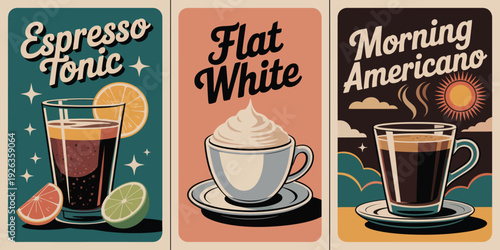 Morning Americano Coffee Poster, dark coffee in clear glass cup, steam rising, dark background with stylized orange sun and white clouds