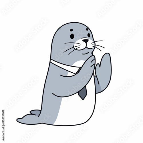 Friendly seal character dressed in a white shirt and dark tie gestures politely with raised hands, suggesting greeting or polite request in office.