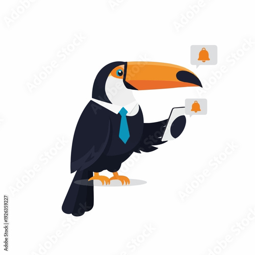 Toucan businessman in formal attire checks smartphone notifications with ringing alert icons floating nearby.