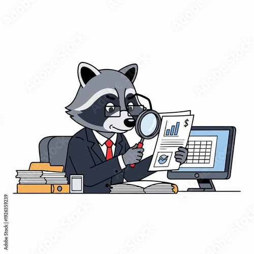 Raccoon accountant wearing glasses and a suit diligently examines financial charts and graphs with a large magnifying glass at his desk.