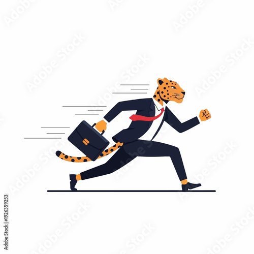 Fast cheetah executive in a dark business suit sprints forward urgently while carrying a black briefcase with motion blur effects.