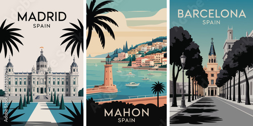 Barcelona Spain Travel Poster, grand church with tall spire, tree-lined avenue, black and white buildings, teal sky