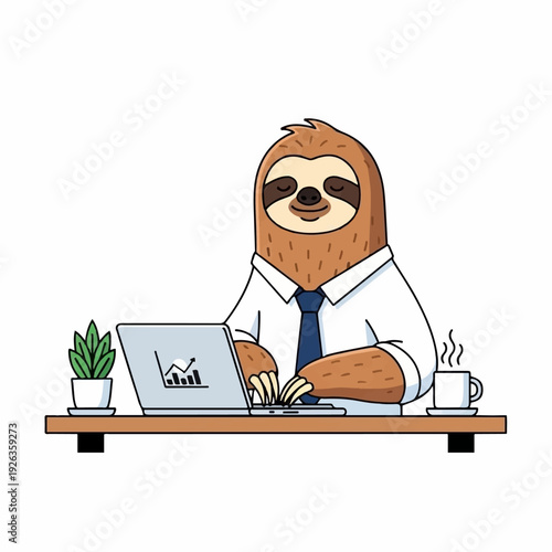 Calm sloth wearing a white shirt and tie diligently types on a laptop displaying a growing stock market graph at a desk.