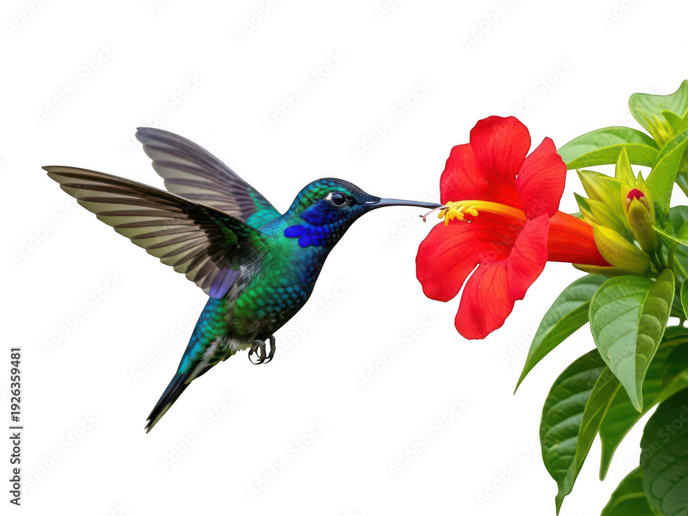 Obraz premium Hummingbird feeding on red flower isolated on transparent background