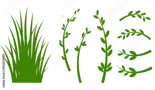 Minimalist green grass blades and curved branch silhouette set isolated on white background modern flat botanical vector design
🔑 Keywords (30)