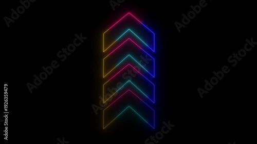 Abstract beautiful multi colour neon up side directional arrow. Neon up direction arrow icon animation on black background.