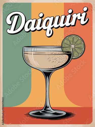Daiquiri Cocktail Poster, stylized tropical drink poster, retro bar aesthetic, layered background design