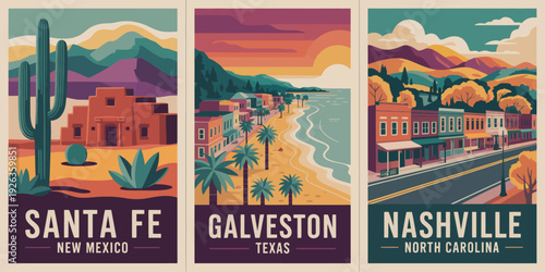 Galveston Texas Autumn Poster, white GALVESTON and TEXAS text at bottom, small town main street, traditional buildings, autumn trees