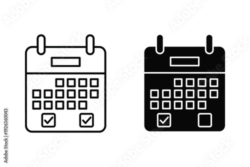 Calendar Event Icon Set: Outline and Solid Black with Checkmarks for Scheduling