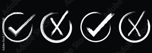 Check tick mark icon set. Cross box x check mark checkbox v list vector draw hand drawn sketch doodle brush marker checklist symbol wrong right circle. eps 10