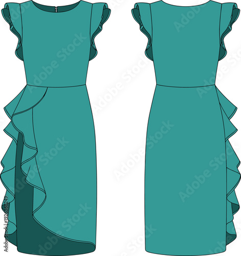 Flat vector CAD drawing of sleeveless teal ruffle dress with side frill detail, back zipper, and elegant layered silhouette