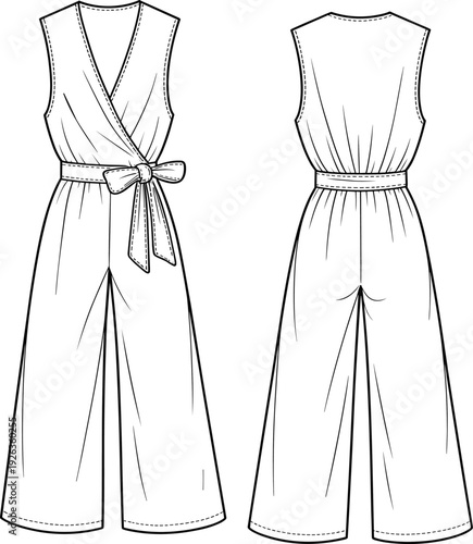 Flat vector CAD drawing of sleeveless wide leg jumpsuit with front wrap tie belt, fashion technical sketch illustration