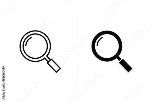 Magnifying glass icon set: outline and solid black for search, discovery, and analysis.