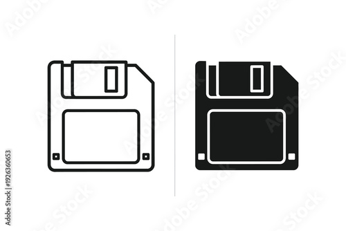 Floppy disk icon set: outline and solid black for storage, data, and retro technology.