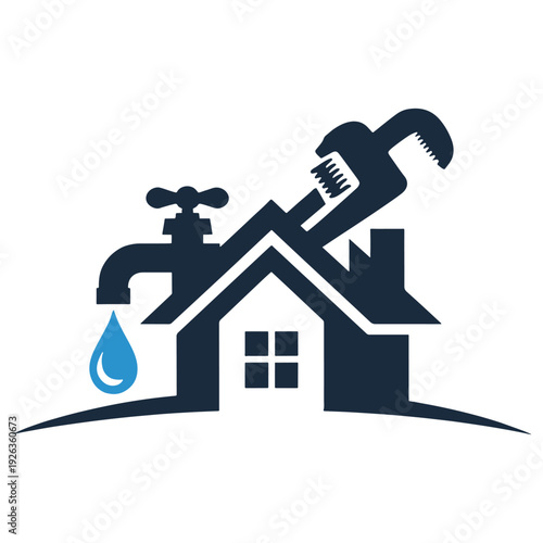 Professional plumbing repair and maintenance illustration with house and wrench